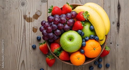 Fresh fruit bowl with strawberries, grapes, bananas, blueberries, apples, and oranges on a rustic wooden background