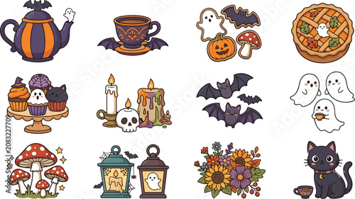 Cute Halloween Themed Vector Elements Set With Spooky Festive Decorations