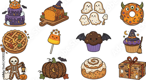Cute Kawaii Halloween Treats and Spooky Festive Food Icons Collection Set