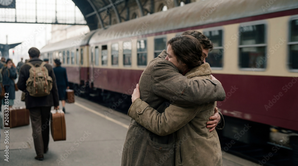Fototapeta premium Couple embrace beside vintage train on station platform showing reunion farewell emotional travel connection rail journey for romantic transport content commercial marketing visuals