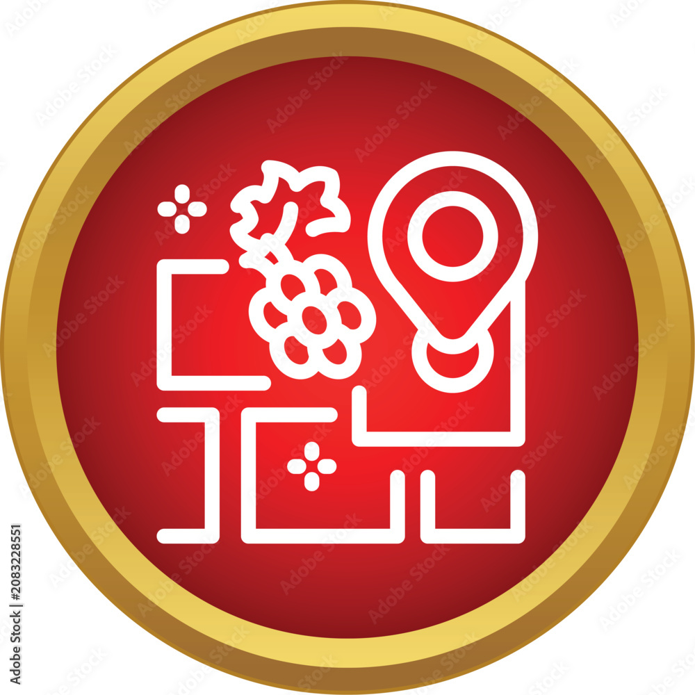 Obraz premium Map icon with grapes and a pin marking a vineyard location