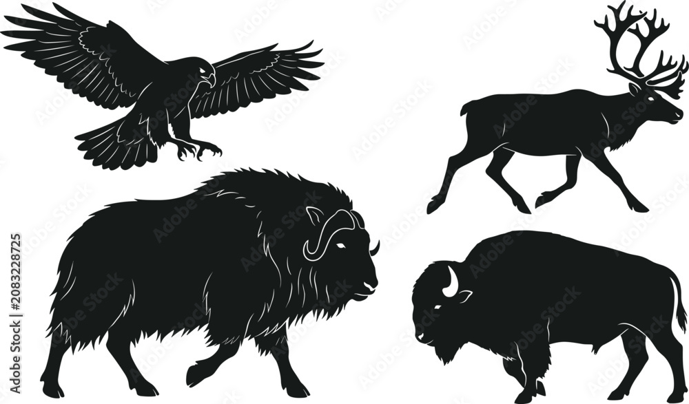 Obraz premium Wild Animals and Birds Silhouette Vector Set Featuring Flying Eagle Caribou Muskox and American Bison for Hunting Camping and Nature Graphic Designs