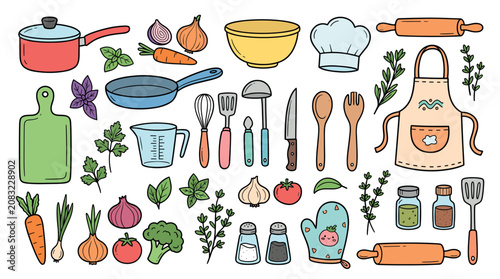 Fotografi Kitchen Cooking Doodle Set Vector Illustration