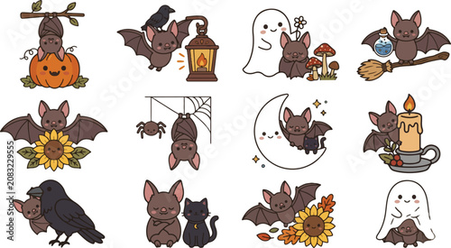 Cute Cartoon Halloween Bat Character Sticker Collection Set Design Elements