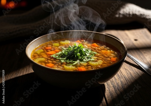 Steaming Hot Lentil Soup with Fresh Herbs, Healthy Vegan Comfort Food on Rustic Wooden Table