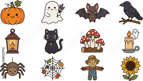 Cute Kawaii Halloween Elements Set with Pumpkins Ghosts and Fall Icons