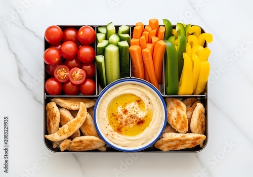 Vibrant Healthy Hummus Dip with Fresh Vegetable Sticks and Pita Chips, Perfect for Meal Prep