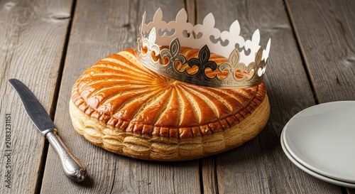 Golden puff pastry kings cake topped with a shimmering paper crown sits on a rustic wooden table beside a vintage knife and white plate, serving, homemade, frangipane