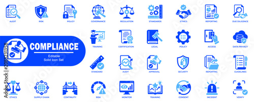 Compliance solid icon set. Editable strokes, including symbols for audit, risk, and policy. Vector Illustration.