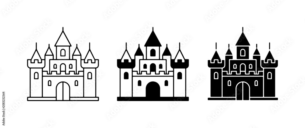 Naklejka premium Castle Icons Set, Medieval Fortress Vector Graphics, Fairytale Palace Symbols
