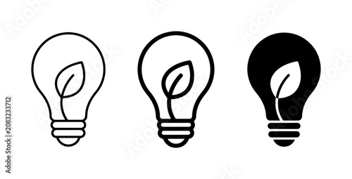 Eco-Friendly Light Bulb Icons, Green Energy Idea Symbols, Sustainable Innovation Concepts, Vector Set
