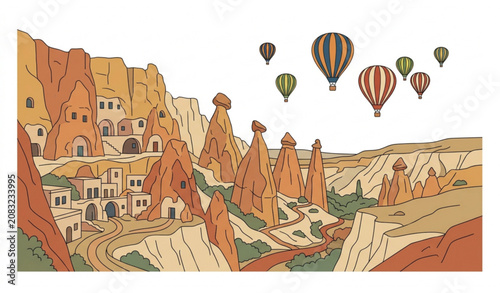 Photos Cappadocia ancient cave dwellings and valley landscape with hot air balloons vec