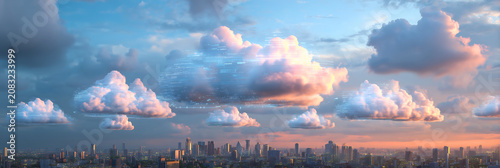 Futuristic cityscape merges with glowing digital clouds at dusk for innovative technology branding
