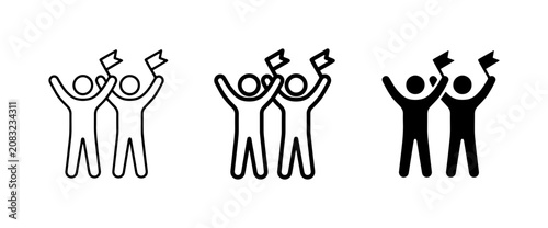 Celebration Icons: Two Figures Waving Flags, Group Success Symbols, Teamwork and Victory Graphics