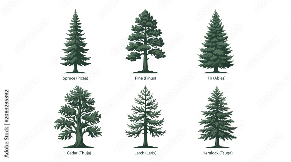 Obraz premium Various coniferous tree types illustration