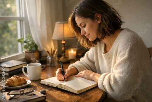 Young woman writing in a journal at a wooden desk with a cup of coffee and croissant