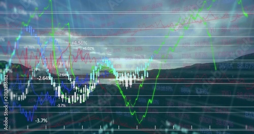 Grid appearing, chart tracing lines, candles moving and labels flashing, visualizing market trends
