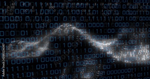 Binary grid forming at start driving luminous mesh forming crest, glowing, spreading to show data