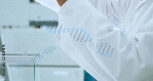 Senior scientist placing sample on balance in lab, DNA helix overlay guiding inspection for testing
