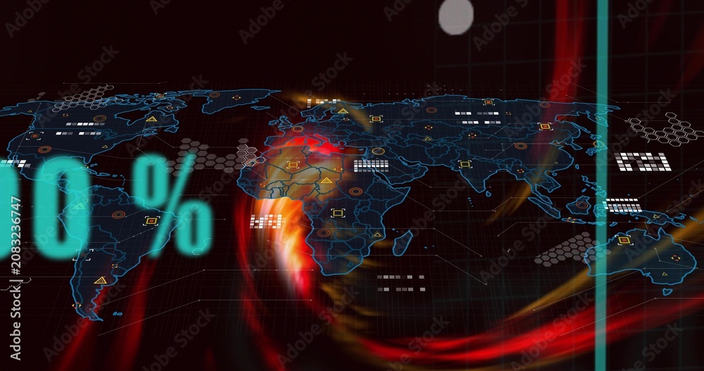 Fototapeta premium World map centering Africa Europe, swirls sweeping, cyan numerals from left sparking tech node glow