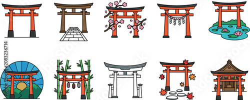 Foto Japanese Shinto Torii Gate Icon Set Featuring Traditional Shrine Archways with S