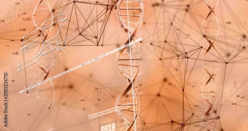 Research graphic diagonal bar sweeping DNA helix, chart highlighting, nodes pulsing, years moving