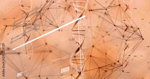 Research graphic diagonal bar sweeping DNA helix, chart highlighting, nodes pulsing, years moving