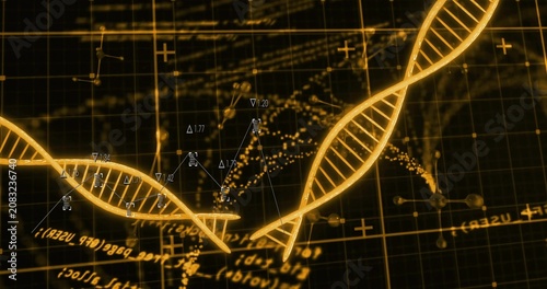 Golden DNA helices shifting and rotating on diagnostic start, forming HUD graph nodes for analysis