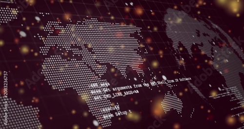 Dot map shifting while camera pulling back, revealing terminal text, grid, bokeh particles for tech