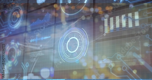 HUD pulsing via central circular widget, animating bar chart and waveform for tech monitoring