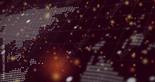 Dot map shifting while camera pulling back, revealing terminal text, grid, bokeh particles for tech
