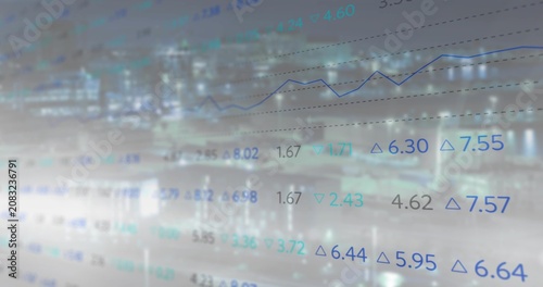 Financial overlay updating on live feed, shifting numbers and chart climbing over blurred skyline
