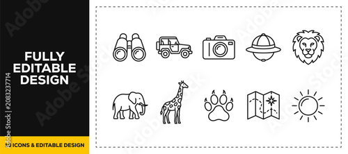 flat vector illustration line art icon bundle set design representing wild safari adventures nature wildlife binoculars offroad jeeps and animal observation graphics UI