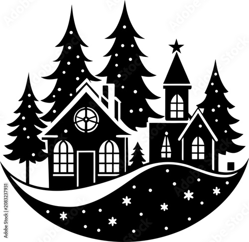 Winter Christmas Village Silhouette Vector Illustration with Snowy Houses and Pine Trees for Holiday Designs