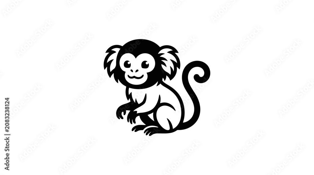 Fototapeta premium Simple black and white cartoon monkey illustration on white background