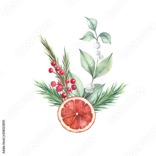 Christmas tree branches, snowberry, red berries with dried red orange slice. Watercolor botanical illustration. Isolated element on a white background. For packaging, greeting cards, seasonal design.