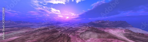 Cuadro en lienzo Panorama of Mars at sunset, sunrise above the surface of Mars, Martian landscape