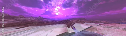 Bild auf Leinwand Panorama of Mars at sunset, sunrise above the surface of Mars, Martian landscape