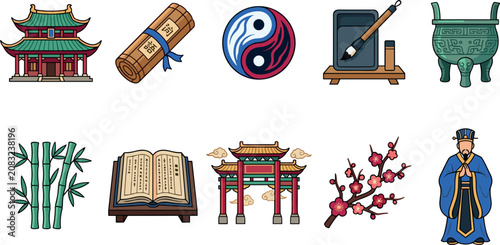 Fotografía Traditional Chinese Culture and Confucianism Icon Set Featuring Temples Paifang