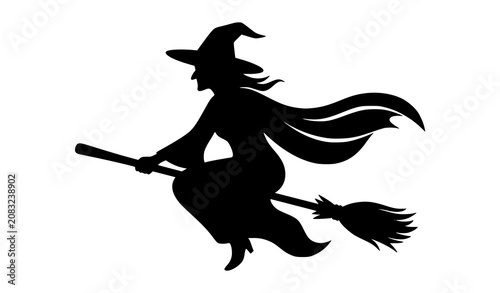 Schilderij op canvas Vintage Halloween Witch on Broomstick Black Silhouette Vector Illustration for D