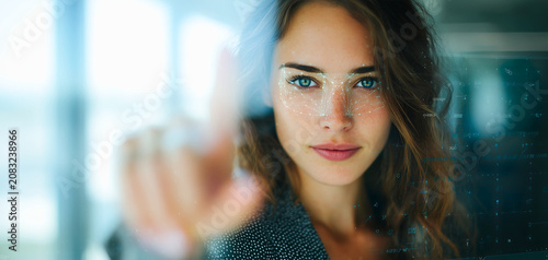 Professional womans face overlayed with futuristic digital network lines in modern office setting