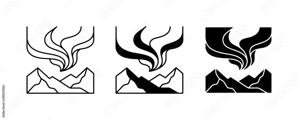 Obraz premium Aurora Borealis Icons, Northern Lights Mountain Landscape Vector Set, Celestial Phenomenon Graphics