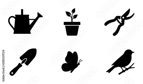Obraz na płótnie Gardening Icons Set: Watering Can, Plant Pot, Pruners, Trowel, Butterfly, Bird S