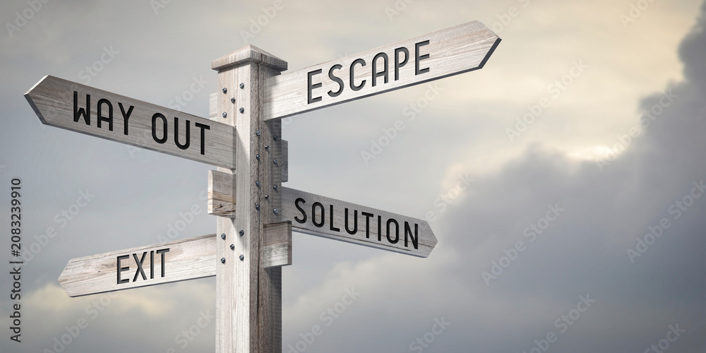 Fototapeta premium Escape, Way Out, Solution, Exit - wooden signpost with four arrows - 3D rendering