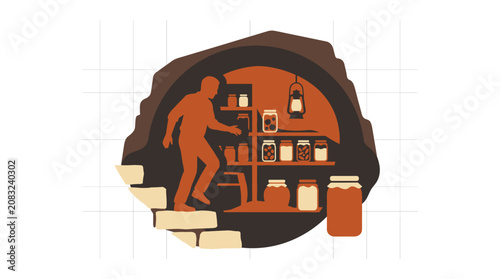 Man Descending Into Underground Food Pantry Cellar Illustration
