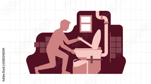 Plumber Repairing Toilet in Bathroom Flat Illustration