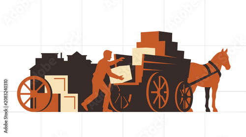 Vintage Style Illustration of Worker Loading Horse Drawn Wagon