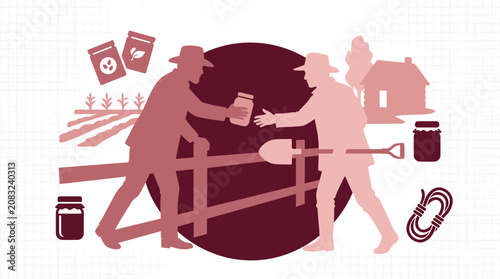 Farmers Sharing Produce Over Fence Flat Vector Illustration