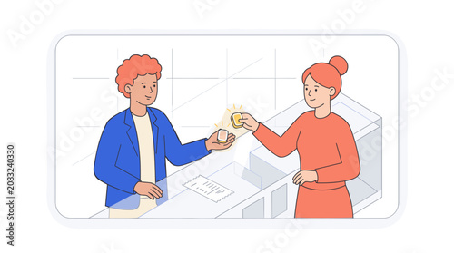 Man and Woman Exchanging Gold Bars at Counter Illustration