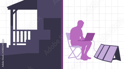 Stylized Illustration of Man Working Outdoors with Solar Panel
